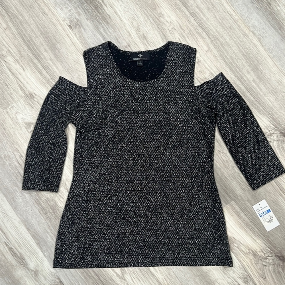 Women's Ronni Nicole Black and Silver Open Shoulder Shirt